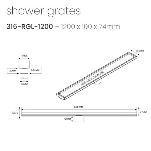 Radiant Linear Tile Insert Floor Grate 1200mm x 100mm 74mm Outlet